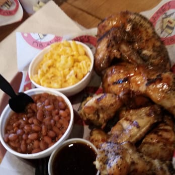 Shane's Rib Shack - 2 Meat Plate with a 1/2 Chicken, 6 Smoked Wings, sides of Baked Beans and Macaroni and Cheese. The cup of sauce is Teriyaki. - Barbeque Near Me - Marrero, Louisiana