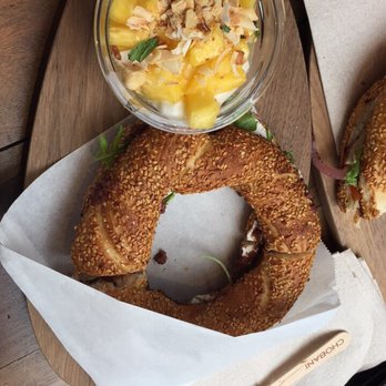 Chobani - Tomato, cheese, arugula simit with pineapple yogurt - Coffee & Tea Near Me - New York, New York Chobani - Tomato, cheese, arugula simit with pineapple yogurt - Coffee & Tea Near Me - New York, New York