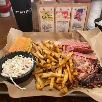 Mission BBQ - Brisket and sausage with coleslaw, fries, and cornbread - Barbeque Near Me - Nashville, Tennessee Mission BBQ - Brisket and sausage with coleslaw, fries, and cornbread - Barbeque Near Me - Nashville, Tennessee