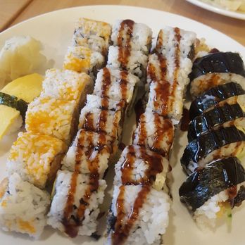 Sushi Tokoro - Egg nigiri, salmon skin roll, eel roll, Roll Whosd Name I Forgot, and shrimp tempura roll - Japanese Near Me - Chicago, Illinois Sushi Tokoro - Egg nigiri, salmon skin roll, eel roll, Roll Whosd Name I Forgot, and shrimp tempura roll - Japanese Near Me - Chicago, Illinois
