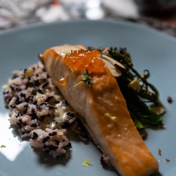 Sonoma from Scratch - Crispy skin salmon filet with caviar, wild rice and charred broccolini - Personal Chefs Near Me Sonoma from Scratch - Crispy skin salmon filet with caviar, wild rice and charred broccolini - Personal Chefs Near Me