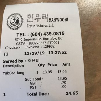 Hanwoori Korean Restaurant - Bill - Korean Near Me - Burnaby, British Columbia