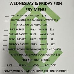 Wednesday and Friday Fish menu