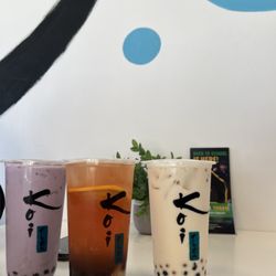 Koi Tea - Left to right; taro milk tea, jasmine green tea with hints of citrus, lychee milk tea with pearls and lychee popping bubbles