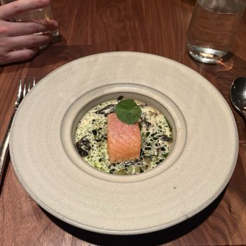 Boka - Slow Cooked Tasmanian Ocean Trout - olive poached with celtuce cream sauce and black truffle mushrooms - New American Near Me - Chicago, Illinois