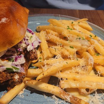 Eureka! - Spicy Fried Chicken Sandwich w/Truffle cheese fries - American Near Me - Carlsbad, California
