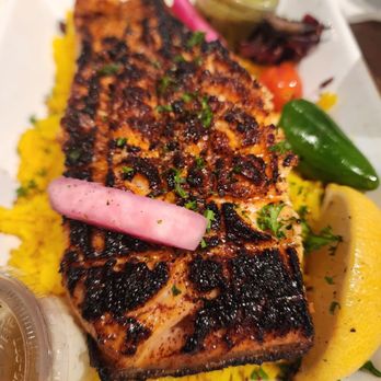 Mazra - Grilled Salmon - Mediterranean Near Me - San Bruno, California Mazra - Grilled Salmon - Mediterranean Near Me - San Bruno, California