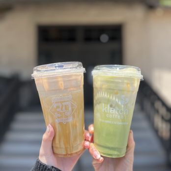 Klatch Coffee - Iced Crme Brle Latte and Iced Matcha Latte - Coffee & Tea Near Me - Rancho Cucamonga, California