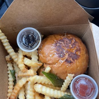 Potluck Hawker Eatery - Another view of my burger ! Yum - Indonesian Near Me - Vancouver, British Columbia