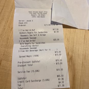 Open Sesame - Receipt - Bagels Near Me - Basalt, Colorado