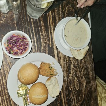 The Fish Hopper - Clam chowder with sourdough rolls. - Seafood Near Me - Monterey, California The Fish Hopper - Clam chowder with sourdough rolls. - Seafood Near Me - Monterey, California