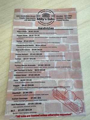 Menu photo 1 Milly's Subs Tooele, UT