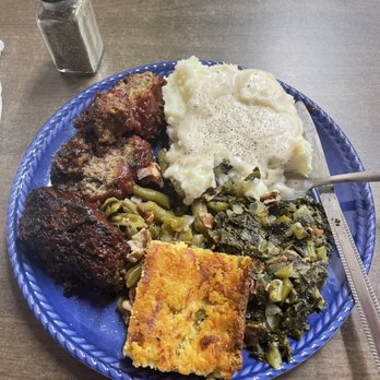 Panther Row Eatery - Meatloaf, green beans, mustard greens, mashed potatoes and gravy and jalapeño cornbread! - Southern Near Me - Bonham, Texas