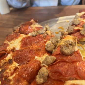 Mission Pizza & Pub - Pepperoni/Sausage pie. Hot with a thin crispy crust. - Pizza Near Me - Stockton, California Mission Pizza & Pub - Pepperoni/Sausage pie. Hot with a thin crispy crust. - Pizza Near Me - Stockton, California