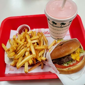In-N-Out Burger - Fries well done, cheeseburger, strawberry milkshake - Fast Food Near Me - Millbrae, California