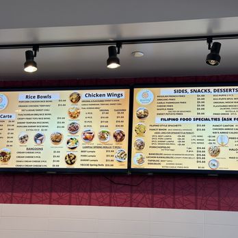 Quickly - Menu board at Quickly in Johnstown, CO, featuring Filipino dishes, rice bowls, chicken wings, and sides, with prices and descriptions. - Bubble Tea Near Me - Johnstown, Colorado