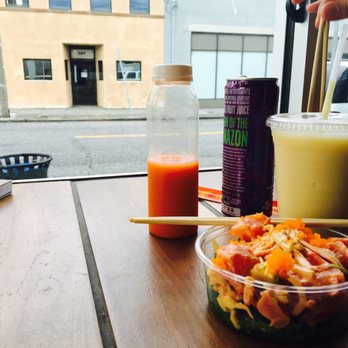 Zeke's - Cali-poke bowl, carrot ginger juice and cream-sicle smoothie, grape energy drink - Coffee & Tea Near Me - Norfolk, Virginia Zeke's - Cali-poke bowl, carrot ginger juice and cream-sicle smoothie, grape energy drink - Coffee & Tea Near Me - Norfolk, Virginia