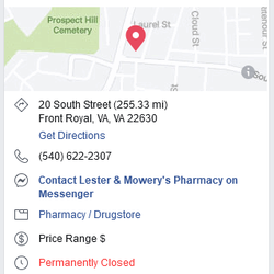 Lester & Mowery's Pharmacy - "Permanently closed" on their FarceBark page.