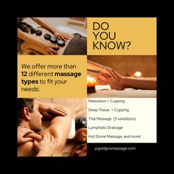 Gold Pro Massage & Wellness Studio - Did you know we offer 12+ types of massage? From relaxation & deep tissue to Thai, cupping, hot stone & more! Not sure what to book? Ask us