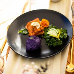 White Ginger Catering - Miso salmon, Okinawa potatoes and tahini kale salad