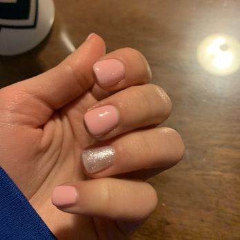 Mai's Nails - Salmon pink with silver ring finger - Nail Salons Near Me - Escondido, California