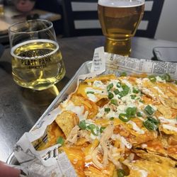 Platt Park Brewing - BBQ Chicken Nachos, Madagascar Dream (tall beer), 2 Towns BrightCider (short glass)