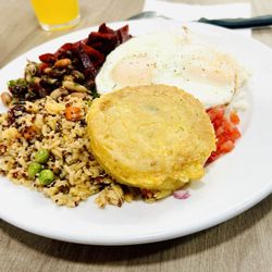 Alice's Corner Bolivian Cuisine  - Veggie platter with Beet salad, Quinoa Salad, arepa, and eggs