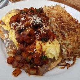 Huevos rancheros, good spread of ingredients