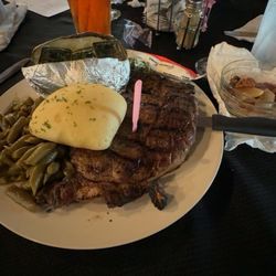 The White Mule - Medium rare ribeye. Baked potato with green beans.