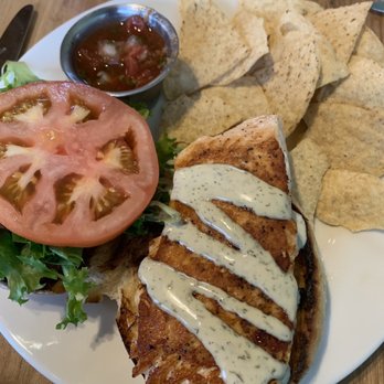 Frothy Monkey - Salmon sandwich with chips and salsa - Coffee & Tea Near Me - Nashville, Tennessee