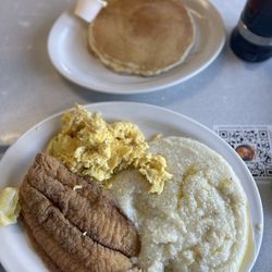 Royal Casino Restaurant - Catfish, grits , eggs and a side of pancakes