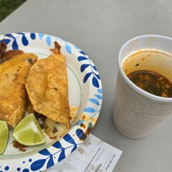 Tacos El Diblo - #1 Birria tacos. Meat and cheese stuffed, then fried, dipping consomme on the side