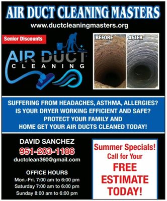 Duct Cleaning Services - If you are in need of experts in Air Duct Cleaning then Riverside does the best Commercial & Industrial service, we believe our record of success speaks for itself. We would appreciate the opportunity to be of service to you! We have been serving Riverside, CA for over 10 years. Duct Cleaning Services - If you are in need of experts in Air Duct Cleaning then Riverside does the best Commercial & Industrial service, we believe our record of success speaks for itself. We would appreciate the opportunity to be of service to you! We have been serving Riverside, CA for over 10 years.
