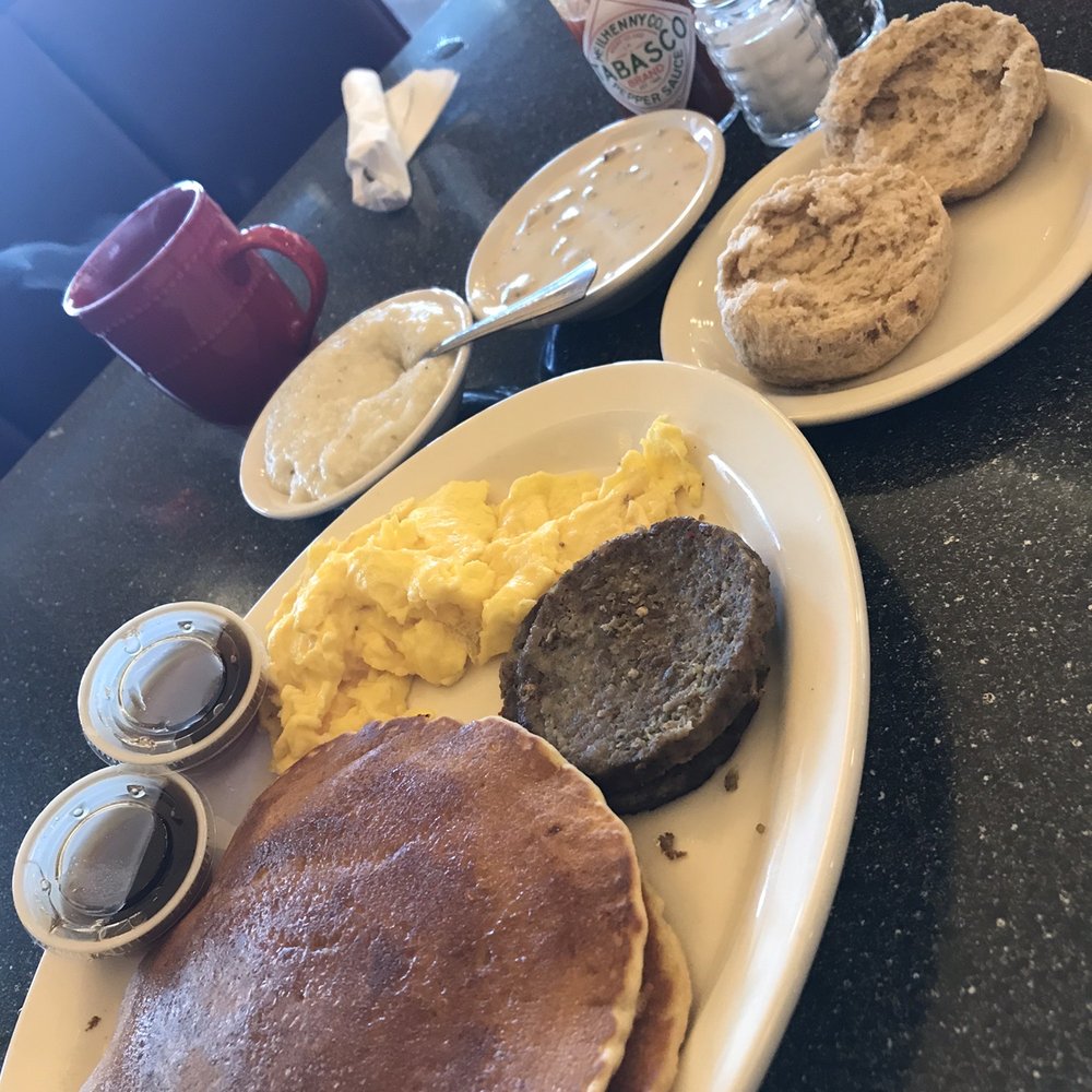 Thumbs Up Diner - Pancake, egg and sausage plate. Side of grits and half order biscuits and gravy. - Breakfast & Brunch Near Me - Douglasville, Georgia Thumbs Up Diner - Pancake, egg and sausage plate. Side of grits and half order biscuits and gravy. - Breakfast & Brunch Near Me - Douglasville, Georgia