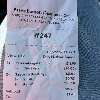 Bravo Burgers - Could not explain how she got the total made me feel bad for even asking - Burgers Near Me - Adelanto, California Bravo Burgers - Could not explain how she got the total made me feel bad for even asking - Burgers Near Me - Adelanto, California