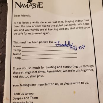 Namaste India - a handwritten letter from a customer - Indian Near Me - Edgewater, New Jersey Namaste India - a handwritten letter from a customer - Indian Near Me - Edgewater, New Jersey