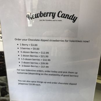 Newberry Candy - Close up shot of Newberry Candy price list & berry selections. - Chocolatiers & Shops Near Me - Thousand Oaks, California