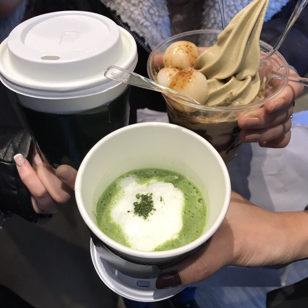 Tsujiri - Matcha cappuccino in the front, Houjicha soft serve in the back - Tea Rooms Near Me - London, XGL Tsujiri - Matcha cappuccino in the front, Houjicha soft serve in the back - Tea Rooms Near Me - London, XGL