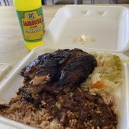 Jerk chicken, rice n peas, cabbage ($6.99 lunch special!)