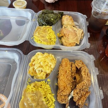 Oohh's and Aahh's - Top: Fried leg quarter, greens, and yellow rice with gravy Bottom: Fried catfish with macaroni and cheese and yellow rice with gravy - American Near Me - Washington, DC, District of Columbia