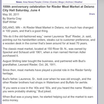 Rieder Meat Market - 100th anniversary celebration http://www.herald-journal.com/archives/2011/stories/rieder-meats.html - Meat Shops Near Me - Delano, Minnesota Rieder Meat Market - 100th anniversary celebration http://www.herald-journal.com/archives/2011/stories/rieder-meats.html - Meat Shops Near Me - Delano, Minnesota