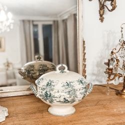 Les Fleurs - Antique French terre de fer ironstone tureen soupiere with green transferware designs