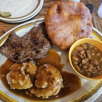 Susie's Branding Iron - Sirloin, cowboy beans, mashed potatoes, fried bread and ranch dressing remnants from my fried pickles. - Burgers Near Me - Moab, Utah Susie's Branding Iron - Sirloin, cowboy beans, mashed potatoes, fried bread and ranch dressing remnants from my fried pickles. - Burgers Near Me - Moab, Utah