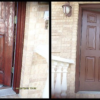 Gigi Painting and Interior Services - Howard Beach, NY. Before and after detail, weather damage exterior front door. - Painters Near Me Gigi Painting and Interior Services - Howard Beach, NY. Before and after detail, weather damage exterior front door. - Painters Near Me