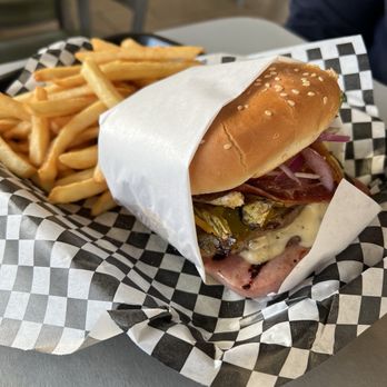 John's Cypress - Forgot the name of this burger but co worker liked it. Bacon, ham, beef patty. - Burgers Near Me - Cypress, California John's Cypress - Forgot the name of this burger but co worker liked it. Bacon, ham, beef patty. - Burgers Near Me - Cypress, California