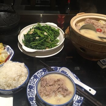 Mountain House - The sour spicy beef soup, garlic spinach and the jasmine tea. - Szechuan Near Me - Queens, New York