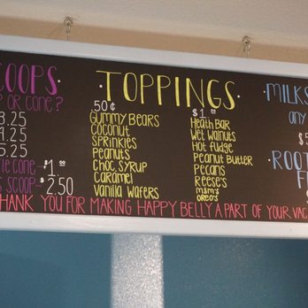 Happy Belly Ice Cream - Ice cream menu board. - Ice Cream & Frozen Yogurt Near Me - Hatteras, North Carolina Happy Belly Ice Cream - Ice cream menu board. - Ice Cream & Frozen Yogurt Near Me - Hatteras, North Carolina