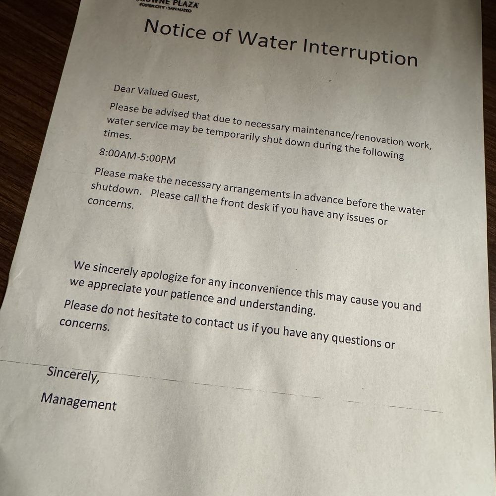 Crowne Plaza - Water interruption from 8am-5pm - Hotels Near Me - Foster City, California Crowne Plaza - Water interruption from 8am-5pm - Hotels Near Me - Foster City, California
