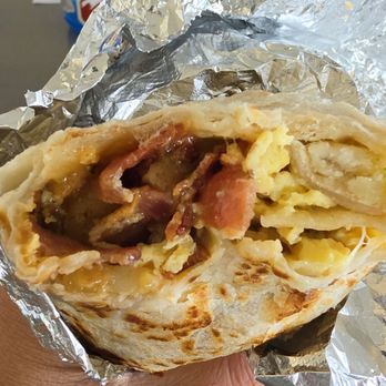 La Patrona - Inside a bacon breakfast burrito - Salvadoran Near Me - Centennial, Colorado La Patrona - Inside a bacon breakfast burrito - Salvadoran Near Me - Centennial, Colorado