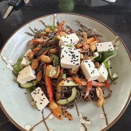 Sesame soba noodles and tofu. Vegan.